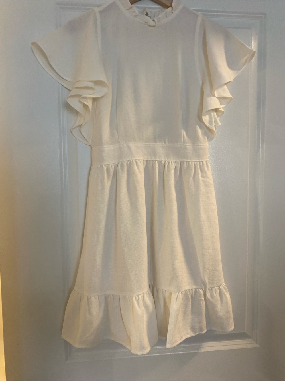 High Neck White Ruffle Sleeve Mini Dress by Express